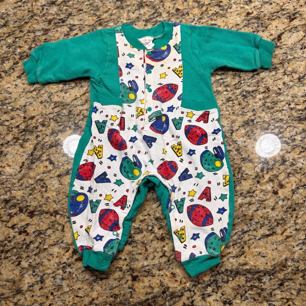 Vintage McKids Sears Baby Boys 12M Romper Green Sports Football Helmet 90s